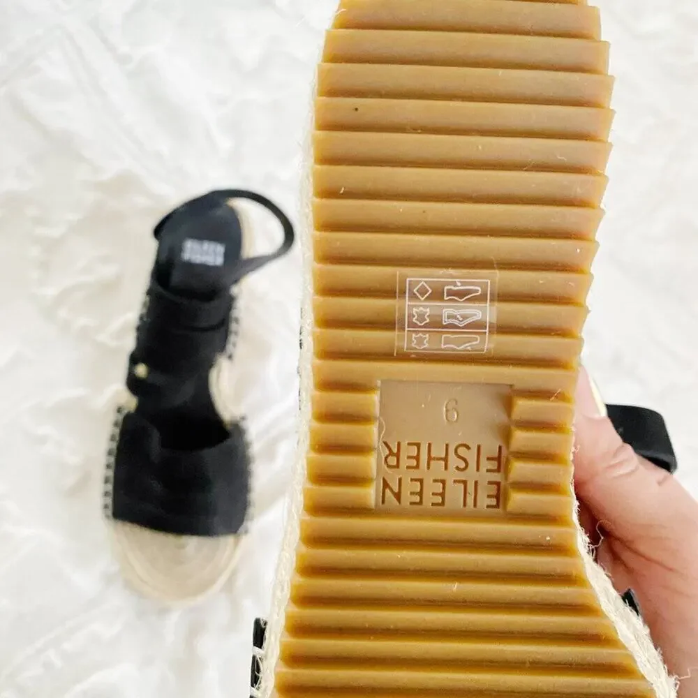 Eileen Fisher Largo Black Leather Jute Espadrille Wedge Sandal Heel Shoe…